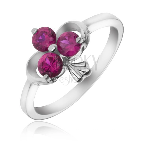 Silver ring - ribbon and trefoil of fuchsia color