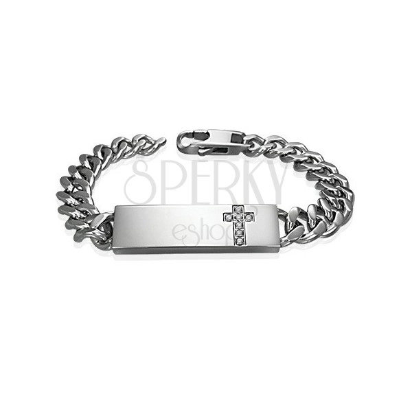 Steel bracelet in watch style with clear zircon cross