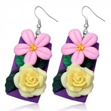 Fimo earrings - yellow rose and pink flower on purple plate