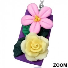Fimo earrings - yellow rose and pink flower on purple plate
