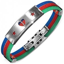 Rubber bracelet - three colorful bands, plate with heart and stars