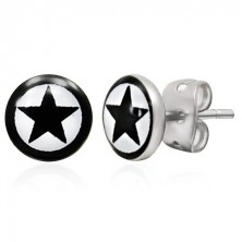 Circular earrings made of steel - black star with border