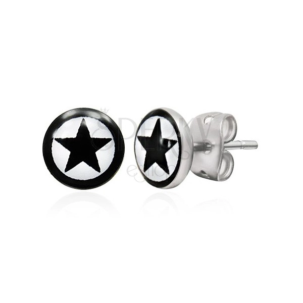 Circular earrings made of steel - black star with border