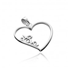 Silver pendant - large heart contour with inscription Love