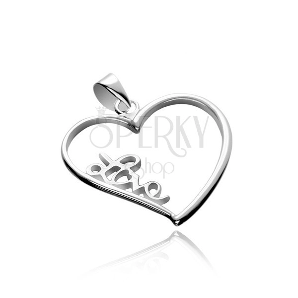 Silver pendant - large heart contour with inscription Love