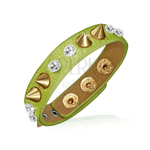 Bracelet made of leather - green stripe with rhinestones and points