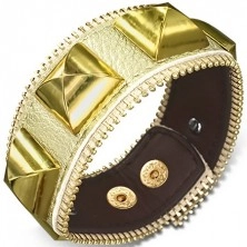 Leather bracelet - golden with golden pyramids, zipper