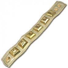 Leather bracelet - golden with golden pyramids, zipper