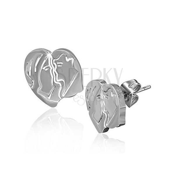 Earrings made of steel - pair in love in heart, studs