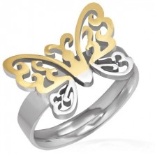 Steel ring - carved gold-silver butterfly