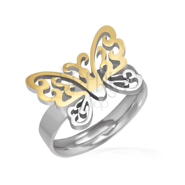 Steel ring - carved gold-silver butterfly