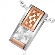 Pendant made of steel - skewed plate with zircon and coppery checkerboard