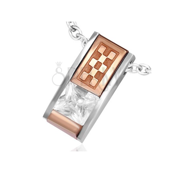 Pendant made of steel - skewed plate with zircon and coppery checkerboard