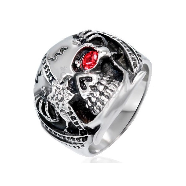 Massive ring made of steel - warrior´s scull with red zircon, patina