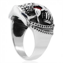 Massive ring made of steel - warrior´s scull with red zircon, patina