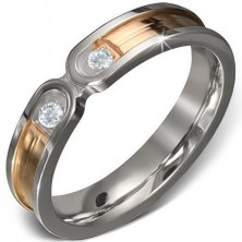 Steel ring - golden strip with silvery border, two clear zircons