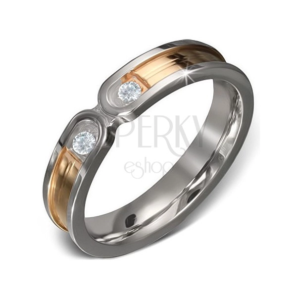 Steel ring - golden strip with silvery border, two clear zircons