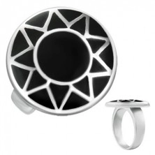 Steel ring with silvery contour of sun in black circle