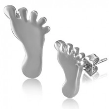 Steel earrings in form of shiny silvery foot with studs