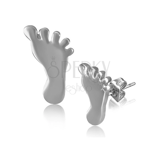 Steel earrings in form of shiny silvery foot with studs