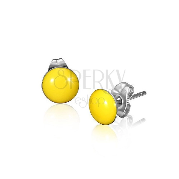 Steel earrings with convex yellow circles and studs