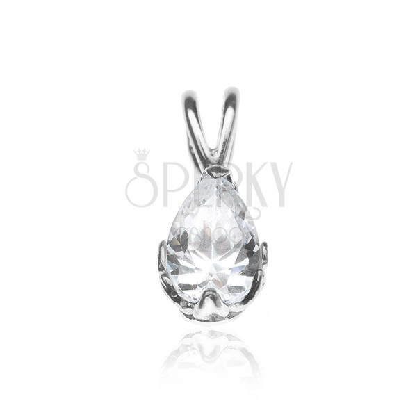 Silver pendant - zircon tear in decorative mount