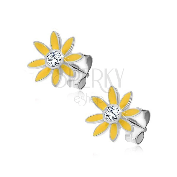 Silver earrings - yellow ox-eye daisy, studs