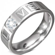 Steel band with engraved inscription LOVE with zircons