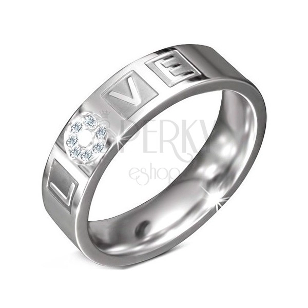 Steel band with engraved inscription LOVE with zircons