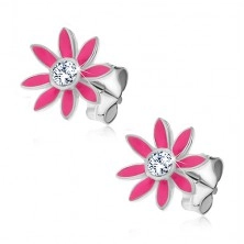 Earrings made of 925 silver - little dark pink flower with zircon