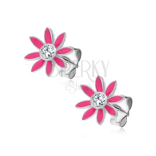 Earrings made of 925 silver - little dark pink flower with zircon