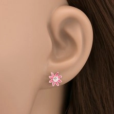 Earrings made of 925 silver - little dark pink flower with zircon