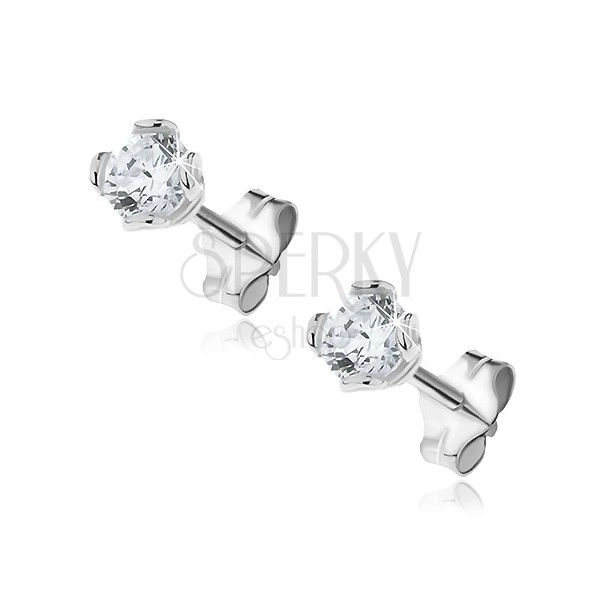 Silver stud earrings - clear zircon fastened with loops, 4 mm