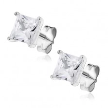 Silver earrings - sparkling square zircon with double prong