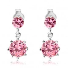 Earrings made of 925 silver - dangly pink zircons in crown, studs