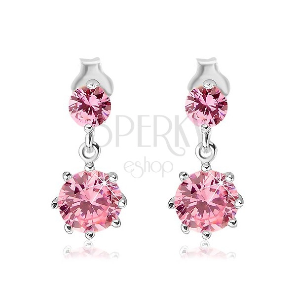 Earrings made of 925 silver - dangly pink zircons in crown, studs