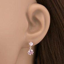 Earrings made of 925 silver - dangly pink zircons in crown, studs