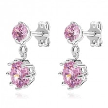 Earrings made of 925 silver - dangly pink zircons in crown, studs