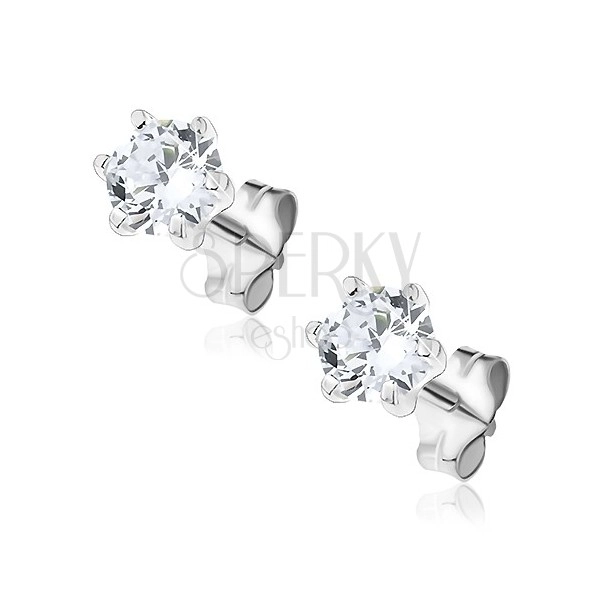 Silver stud earrings - clear zircon in conical, pin grip, 5 mm