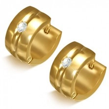 Golden earrings made of steel - circles with hollow and clear rhinestone