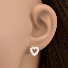 Silver earrings - heart embedded with zircons, with cutout