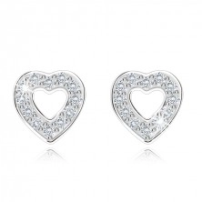 Silver earrings - heart embedded with zircons, with cutout