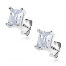 Silver earrings - sparkling zircon, rectangle with double fastening