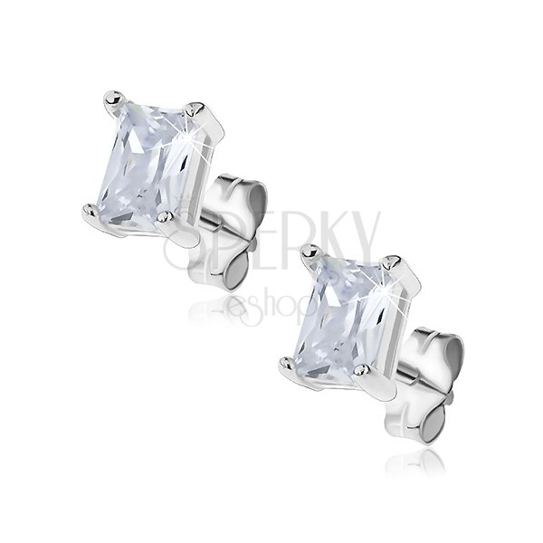 Silver earrings - sparkling zircon, rectangle with double fastening