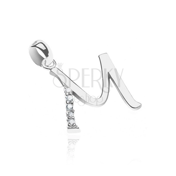 Silver pendant - letter M, zircon bar