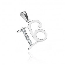 Pendant made of 925 silver - shiny letter 16 with zircons