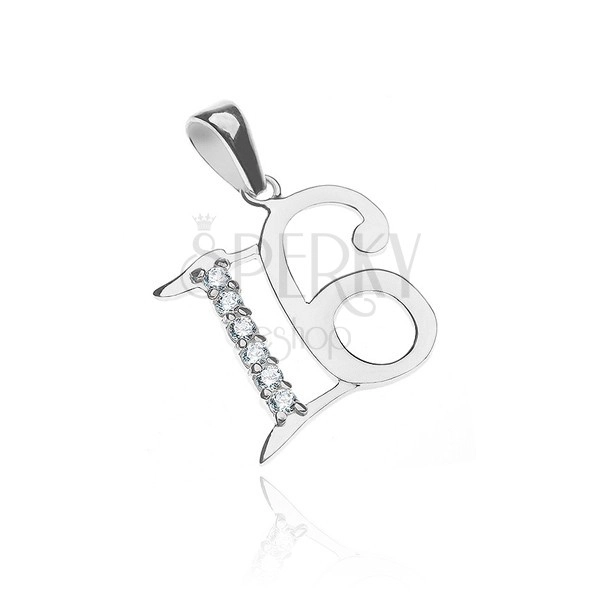 Pendant made of 925 silver - shiny letter 16 with zircons