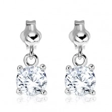 Silver stud earrings - dangling round clear zircon, 6 mm