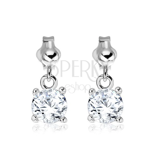 Silver stud earrings - dangling round clear zircon, 6 mm