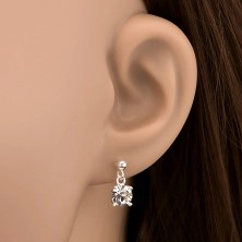 Silver stud earrings - dangling round clear zircon, 6 mm